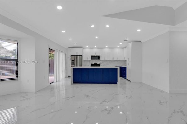 Interior, Kitchen, Marble, Recessed Lighting, Stainless Steel Appliances