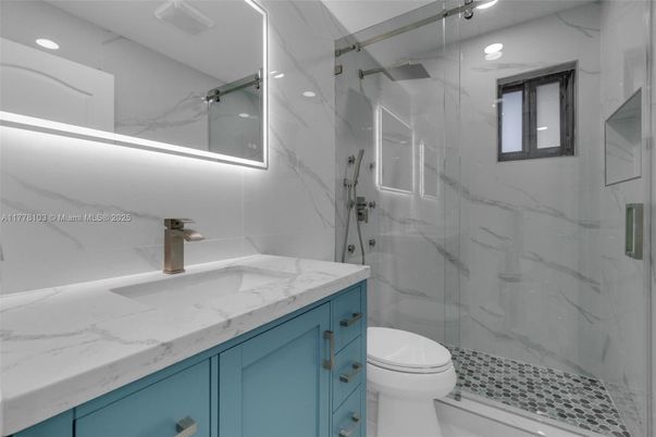 Bathroom, Glass Shower, Interior, Marble Walls, Recessed Lighting