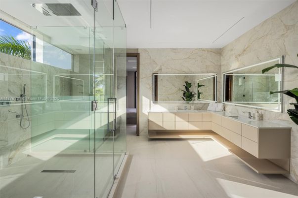 Bathroom, Dual Sink Vanities, Glass Shower, Interior, Marble, Marble Walls