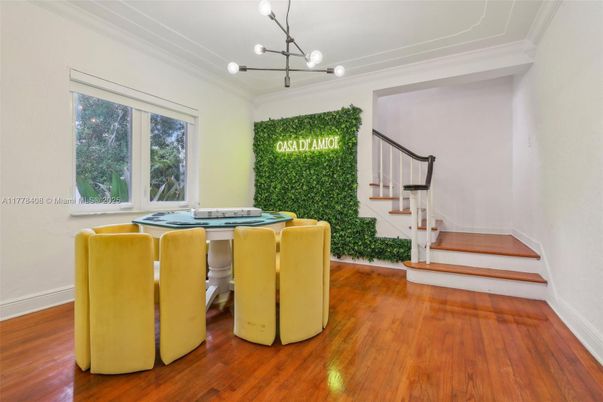 Dining room, Interior, Pendant Lights, Wood Texture Flooring