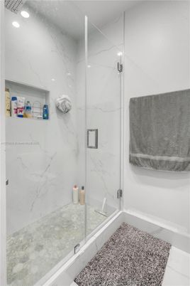 Bathroom, Glass Shower, Interior, Marble Walls, Recessed Lighting