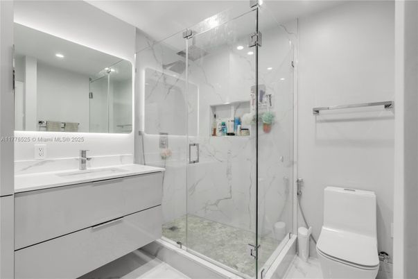 Bathroom, Glass Shower, Interior, Marble Walls, Recessed Lighting