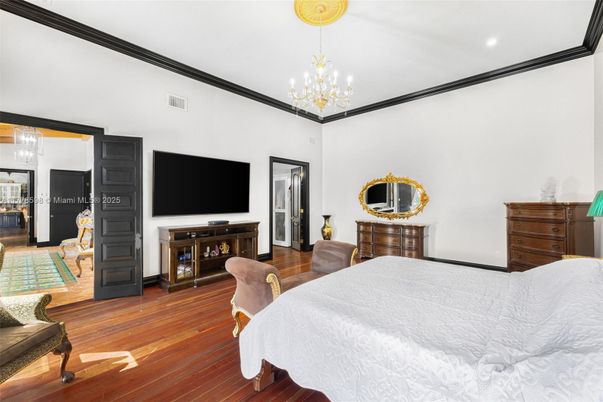 Bedroom, Chandelier, Interior, Recessed Lighting, Wood Texture Flooring