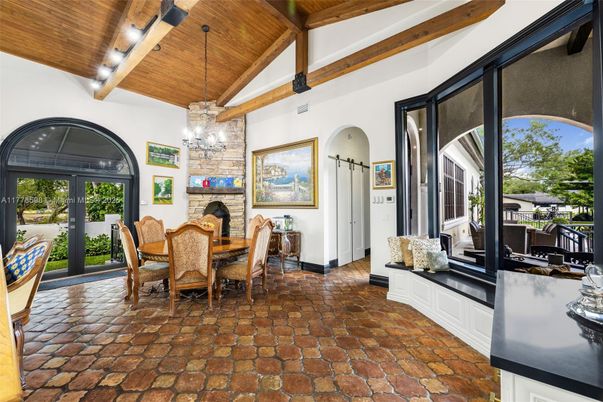 Dining room, Fireplace, Interior, Pendant Lights, Stone Walls, Wooden Beams, Wooden Ceilings