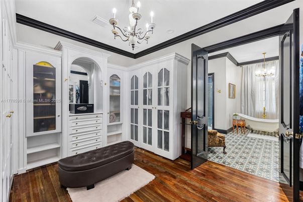 Bathroom, Chandelier, Free Standing Baths, Interior, Walk-in Closets, Wood Texture Flooring
