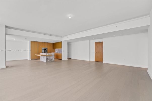 Empty room, Interior, Kitchen, Recessed Lighting, Wood Texture Flooring