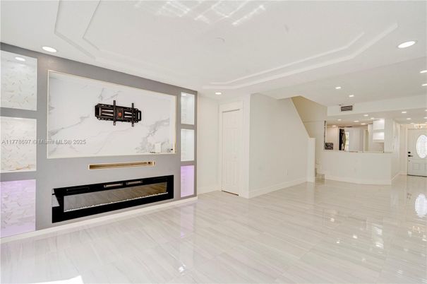 Fireplace, Interior, Marble Walls, Recessed Lighting