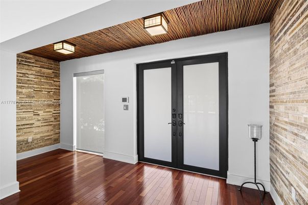 Elevator, Interior, Stone Walls, Wood Texture Flooring