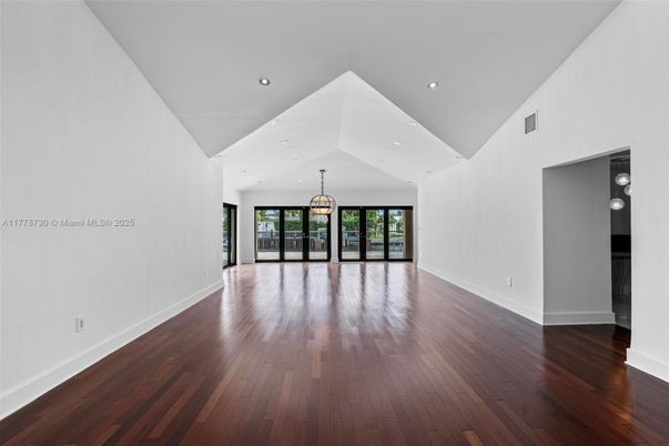 Empty room, Interior, Pendant Lights, Recessed Lighting, Wood Texture Flooring
