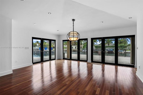 Empty room, Interior, Pendant Lights, Recessed Lighting, Wood Texture Flooring