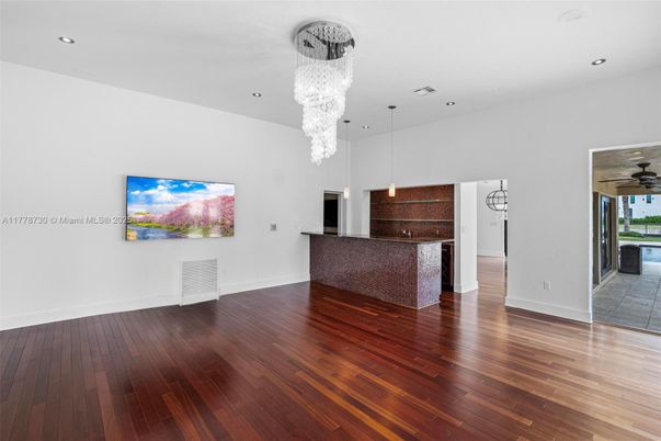 Chandelier, Empty room, Interior, Kitchen, Pendant Lights, Recessed Lighting, Wood Texture Flooring