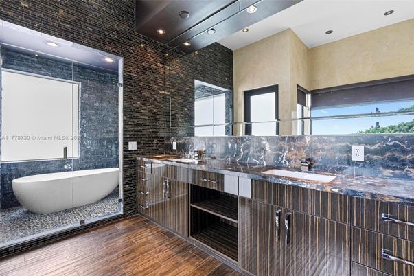 Bathroom, Dual Sink Vanities, Free Standing Baths, Interior, Recessed Lighting, Wood Texture Flooring