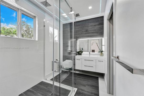 Bathroom, Glass Shower, Interior, Recessed Lighting, Wood Texture Flooring