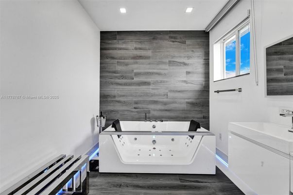 Bathroom, Interior, Recessed Lighting, Wood Texture Flooring, Wooden Walls