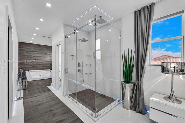 Bathroom, Glass Shower, Interior, Recessed Lighting, Wood Texture Flooring