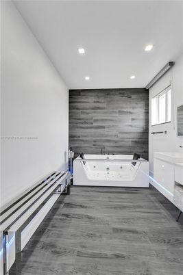 Bathroom, Interior, Recessed Lighting, Wood Texture Flooring, Wooden Walls