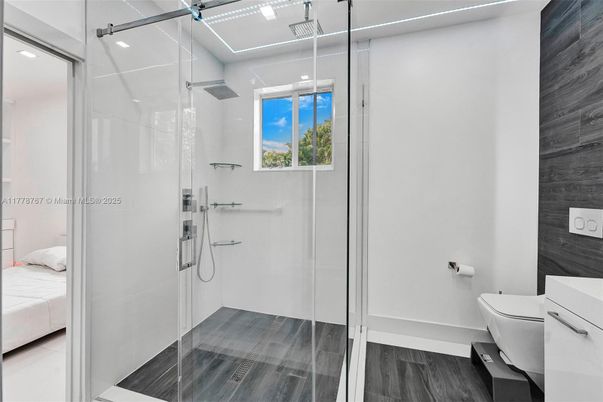 Bathroom, Glass Shower, Interior, Wood Texture Flooring