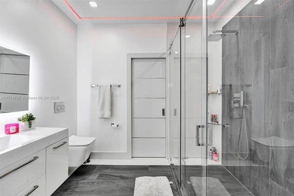 Bathroom, Glass Shower, Interior, Recessed Lighting, Wood Texture Flooring
