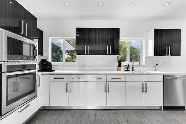 Interior, Kitchen, Recessed Lighting, Stainless Steel Appliances, Wood Texture Flooring