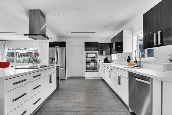 Interior, Kitchen, Recessed Lighting, Stainless Steel Appliances, Wood Texture Flooring