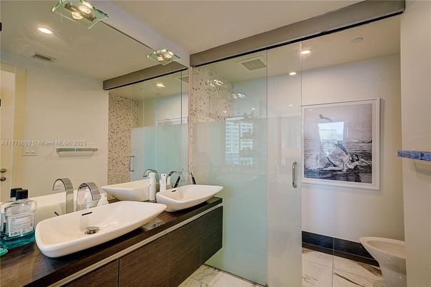 Bathroom, Dual Sink Vanities, Glass Shower, Interior, Marble, Recessed Lighting
