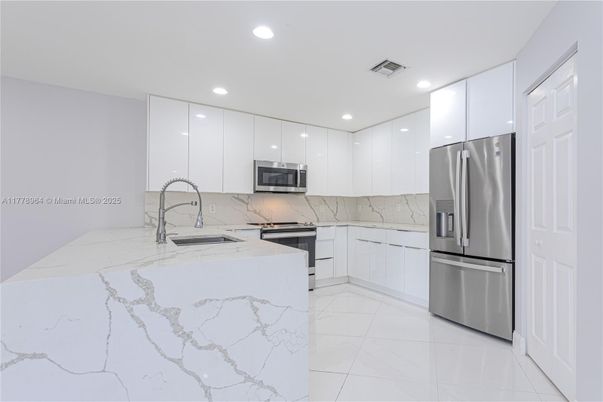 Interior, Kitchen, Marble, Recessed Lighting, Stainless Steel Appliances