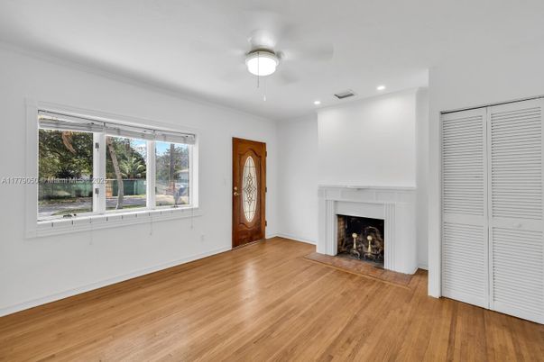Empty room, Fireplace, Interior, Recessed Lighting, Wood Texture Flooring