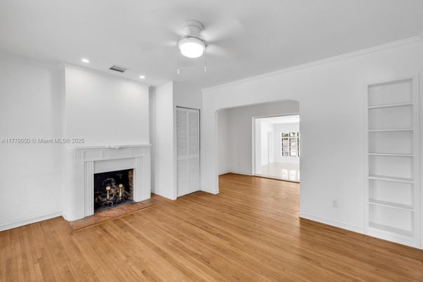 Empty room, Fireplace, Interior, Recessed Lighting, Wood Texture Flooring