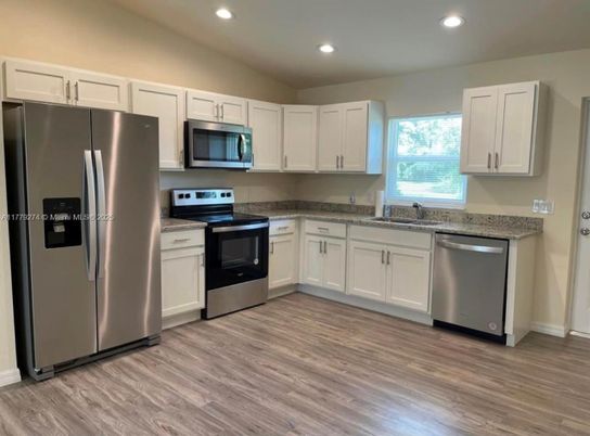 Interior, Kitchen, Recessed Lighting, Stainless Steel Appliances, Wood Texture Flooring