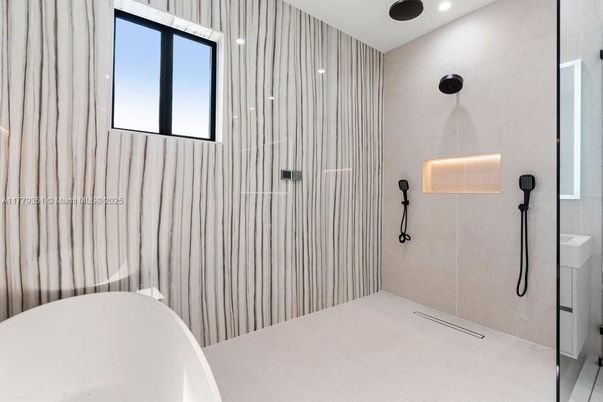 Bathroom, Free Standing Baths, Glass Shower, Interior, Recessed Lighting