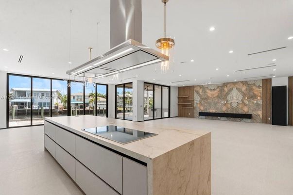 Fireplace, Interior, Kitchen, Marble Walls, Pendant Lights, Recessed Lighting