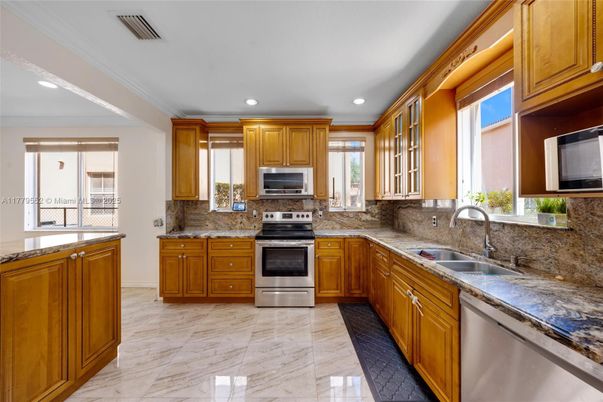 Interior, Kitchen, Marble, Recessed Lighting, Stainless Steel Appliances