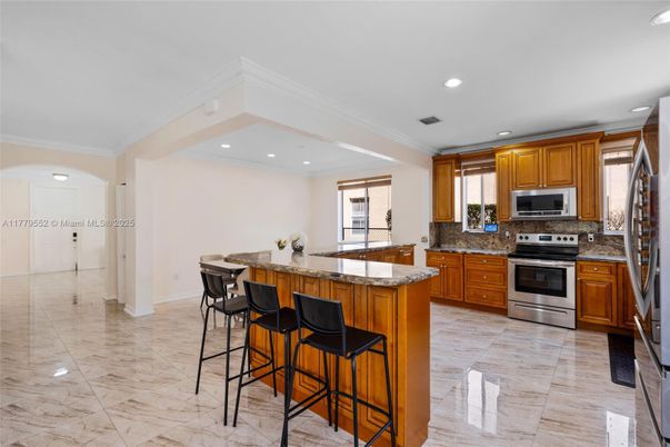 Interior, Kitchen, Marble, Recessed Lighting, Stainless Steel Appliances