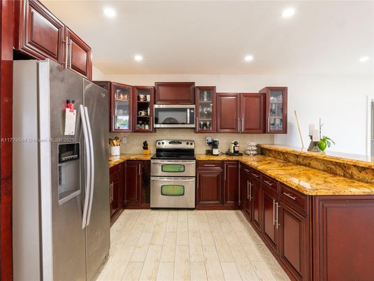 Interior, Kitchen, Recessed Lighting, Stainless Steel Appliances, Wood Texture Flooring