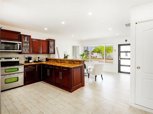 Interior, Kitchen, Recessed Lighting, Stainless Steel Appliances, Wood Texture Flooring