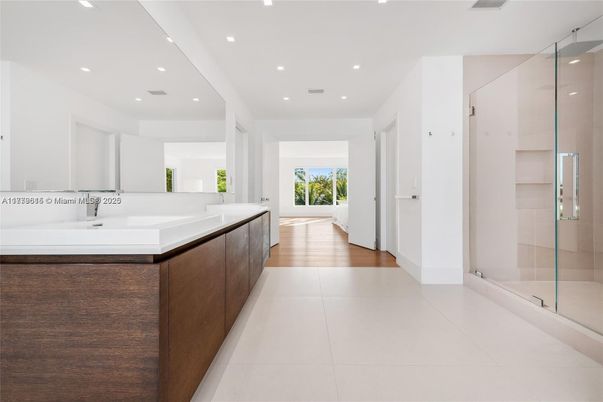 Bathroom, Glass Shower, Interior, Recessed Lighting, Wood Texture Flooring