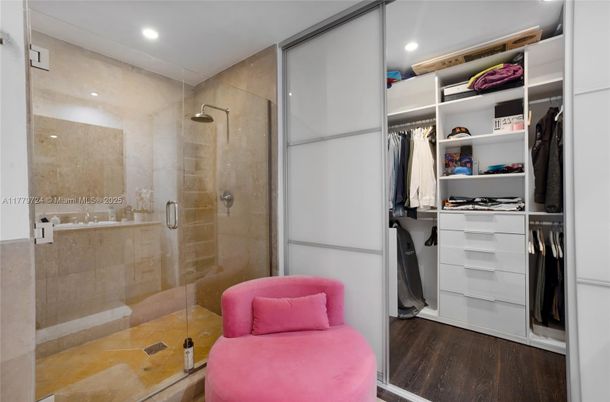 Bathroom, Glass Shower, Interior, Recessed Lighting, Walk-in Closets, Wood Texture Flooring