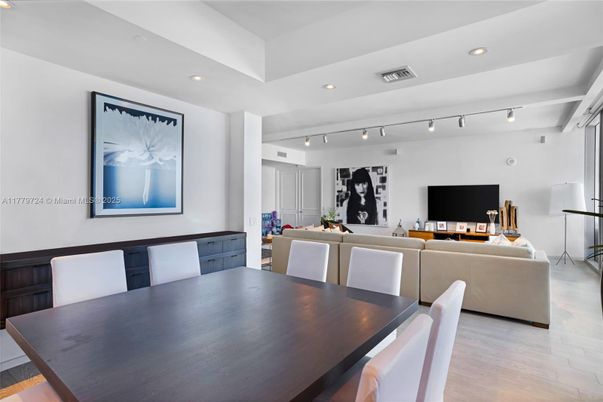 Dining room, Interior, Living room, Recessed Lighting, Wood Texture Flooring