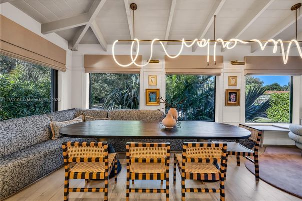 Dining room, Interior, Pendant Lights, Wood Texture Flooring