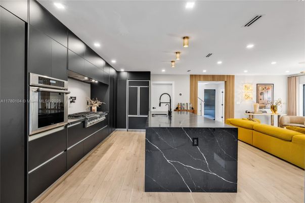 Interior, Kitchen, Living room, Recessed Lighting, Stainless Steel Appliances, Wood Texture Flooring
