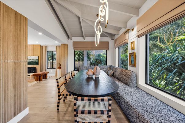 Dining room, Interior, Pendant Lights, Recessed Lighting, Wood Texture Flooring