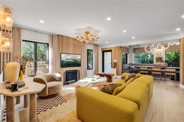 Chandelier, Dining room, Fireplace, Interior, Living room, Recessed Lighting, Wood Texture Flooring, Wooden Walls