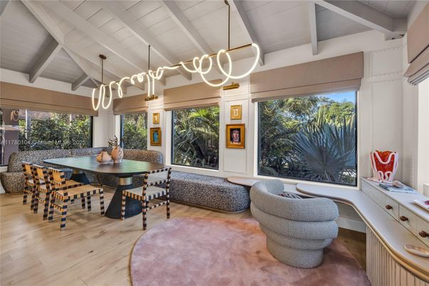 Dining room, Interior, Pendant Lights, Wood Texture Flooring