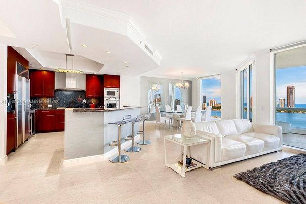 Chandelier, Dining room, Interior, Kitchen, Living room, Pendant Lights, Recessed Lighting, Stainless Steel Appliances, Water