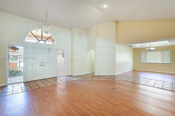 Chandelier, Empty room, Interior, Pendant Lights, Recessed Lighting, Wood Texture Flooring