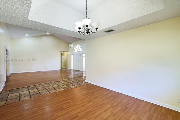 Chandelier, Empty room, Interior, Pendant Lights, Recessed Lighting, Wood Texture Flooring