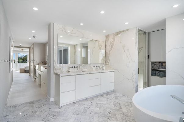 Bathroom, Dual Sink Vanities, Free Standing Baths, Interior, Marble, Marble Walls, Recessed Lighting