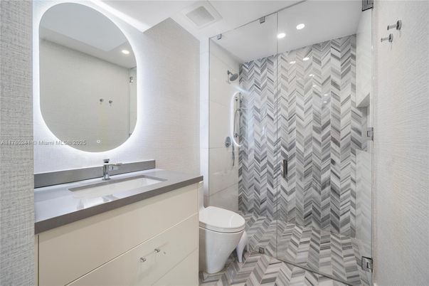 Bathroom, Glass Shower, Interior, Recessed Lighting