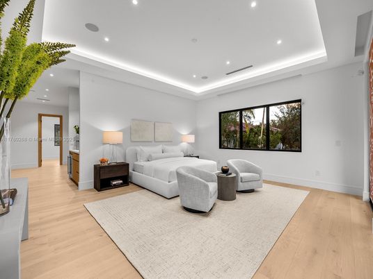 Bedroom, Interior, Recessed Lighting, Wood Texture Flooring