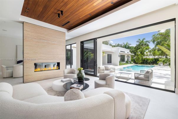 Fireplace, Interior, Living room, Pool, Recessed Lighting, Wooden Ceilings